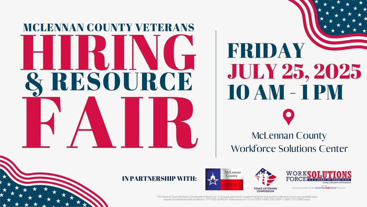Veterans, are you looking to get hired, want to learn more about the latest benefit opportunities or looking to grow your professional network? Swing by the McLennan County Veterans Hiring and Resource Fair on Friday, July 25 at our McLennan County Workforce Solutions Center.