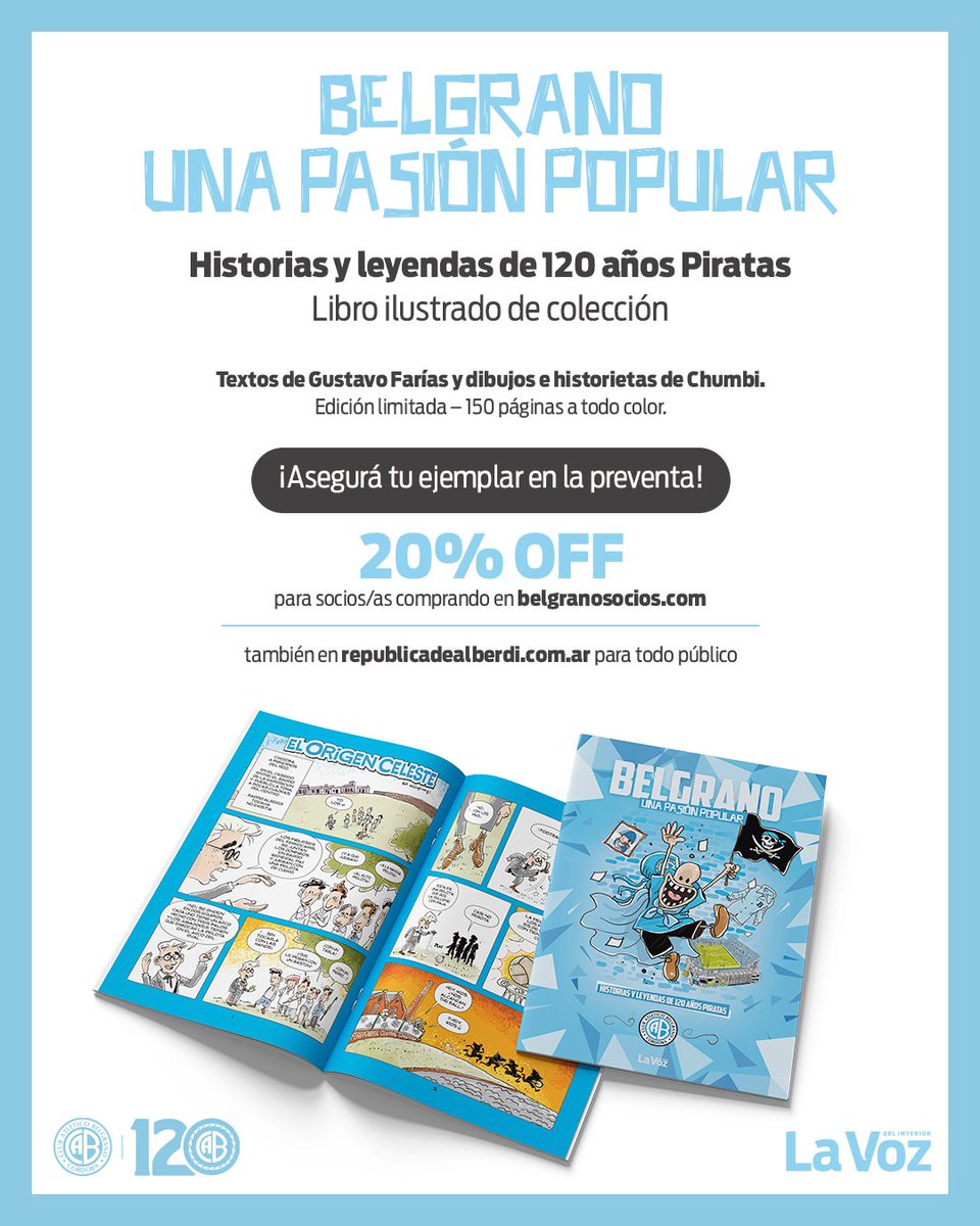 📖✨🏴‍☠️ ¡Aprovechá la preventa del libro de los #120AñosBelgrano!

“Belgrano, una pasión popular. Historias y leyendas de 120 años Piratas” es una obra ilustrada de 150 páginas, con dibujos e historietas de Chumbi y textos del periodista Gustavo Farías. ✍️

🩵 El libro recorre la