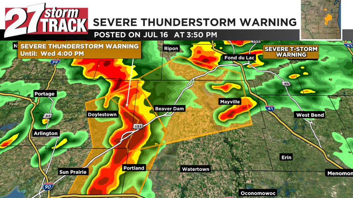 27StormTrack's tweet image. A severe t-storm warning is in effect until Jul 16 4:30PM for Dodge, Fond du Lac, Columbia, Green Lake Co. Stay indoors! Watch WKOW for the latest info #wiwx