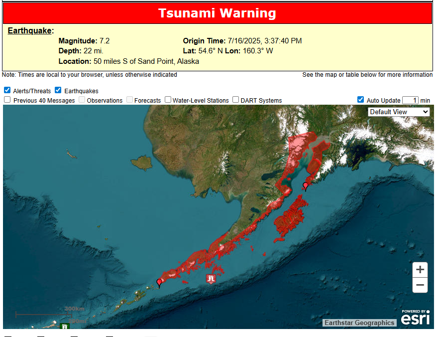AZ_Intel_'s tweet photo. BREAKING: 7.2 magnitude earthquake hits the Alaska Peninsula; tsunami warning issued. https://t.co/x5ZZ0H8JbX