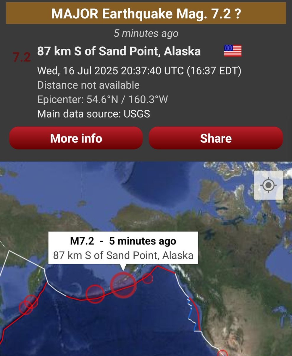 In2ThinAir's tweet image. 🚨BREAKING! MAJOR EARTHQUAKE and Tsunami warning for ALASKA!
7.2 - 7.6 depth unknown.
Info still coming in and may change, but this is HUGE!!