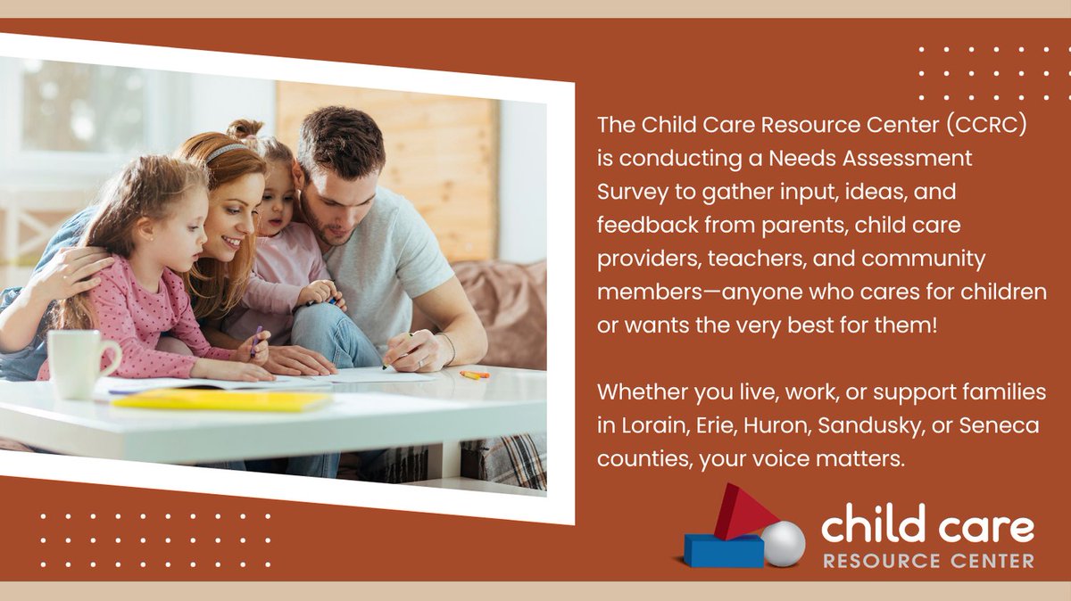 ccresourcectr's tweet image. 📢 We’re listening! CCRC is conducting a Needs Assessment Survey to gather input from anyone who cares for kids in Lorain, Erie, Huron, Sandusky &amp;amp; Seneca Counties.

💬 Help us support children and the adults who care for them.

👉 bit.ly/4eTt1IA
