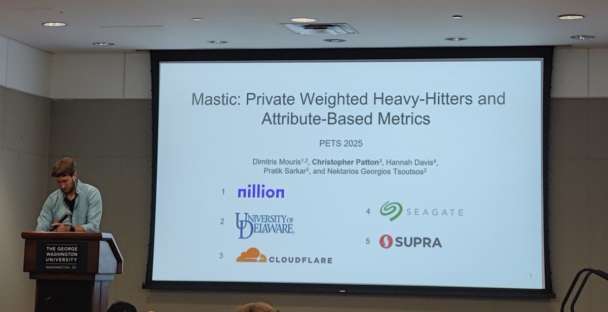 <a href="/cjpatton_/">Christopher Patton</a> presenting our work on Mastic <a href="/PET_Symposium/">PETS</a>!

I'm super proud of this work because it's simple and cleanly composes DPFs with distributed ZKPs (well, as simple MPC, DPFs, PRGs, and distributed ZKPs can be) to beat state-of-the-art solutions. ⤵️