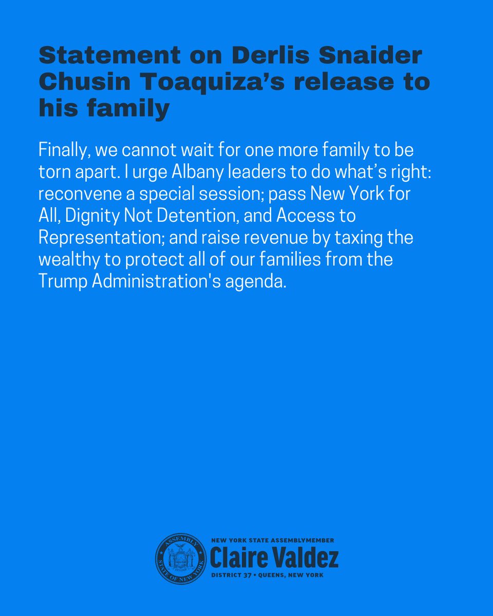 Derlis Snaider Chusin Toaquiza’s release to his family is a welcome relief and necessary step toward justice. But we can't forget his unlawful detention demonstrates a pattern of violent and arbitrary immigration enforcement at the hands of the Trump regime.

Read my statement: