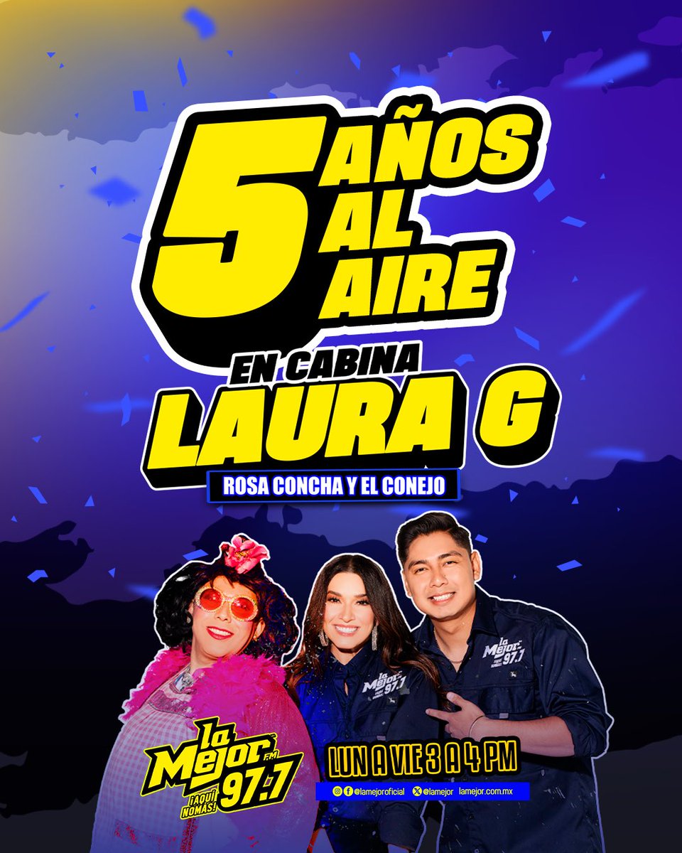 Hoy celebramos 5 años al aire más que agradecidos por tanto cariño de nuestro público que día a día nadie quiere perderse de espectáculos, música y mucho más en compañía de @lauragii @rosaconchaoficial y @javier_el_conejo 😱👏🏼🔥

 ¡Vamos por más! #EnCabinaConLauraG 📻
