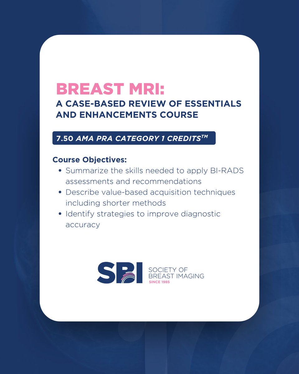 BreastImaging's tweet image. This case-based review walks you through 100 real cases to sharpen your diagnostic accuracy, deepen your understanding of #BIRADS & apply MRI more effectively. Earn up to 7.50 AMA PRA Category 1 Credits™ sbi-online.pulse.ly/zmnobidsfm #BreastImaging
