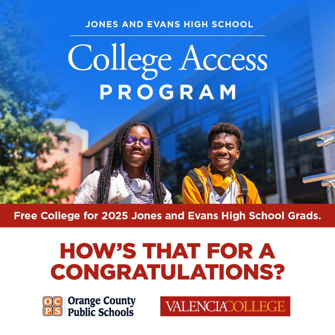#classof2025 graduates of Jones High School and Evans High School and their families are invited to the College Access Program Summer Institute on Friday, July 25, from 9 a.m.-1 p.m. on Valencia College's West Campus. 
RSVP now: bit.ly/3TTLBXL