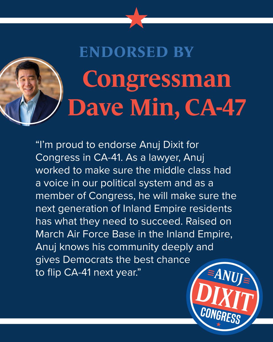 Honored to have Congressman <a href="/DaveMinCA/">Dave Min</a>’s support. His early endorsement shows the momentum we’re building to defeat Ken Calvert and deliver for working and middle-class families in CA-41.