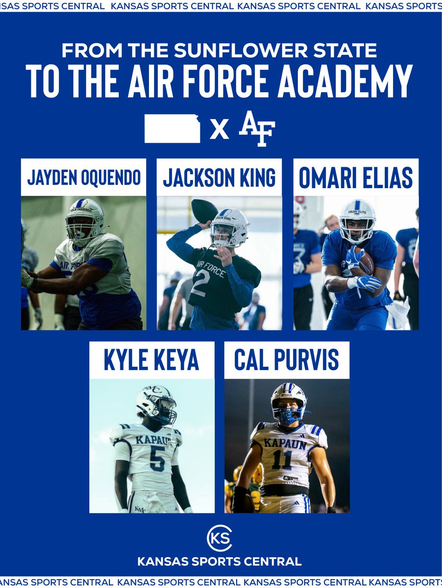 KSSCentral's tweet image. Kansas to the Academy ✈️
The Air Force Academy has built a strong pipeline from the Sunflower State — five players are already there or on the way:
• Jayden Oquendo – DL | Olathe NW| ‘22
• Jackson King – QB | Bishop Carroll | ‘24
• Omari Elias – RB | Kapaun Mt. Carmel | ‘24…