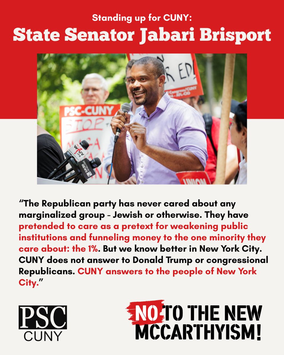 PSC_CUNY's tweet image. "The Republican party has never cared about any marginalized group - Jewish or otherwise. They have pretended to care as a pretext for weakening public institutions & funneling money to the one minority they care about: the 1%." -- State Senator @JabariBrisport #HandsOffHigherEd