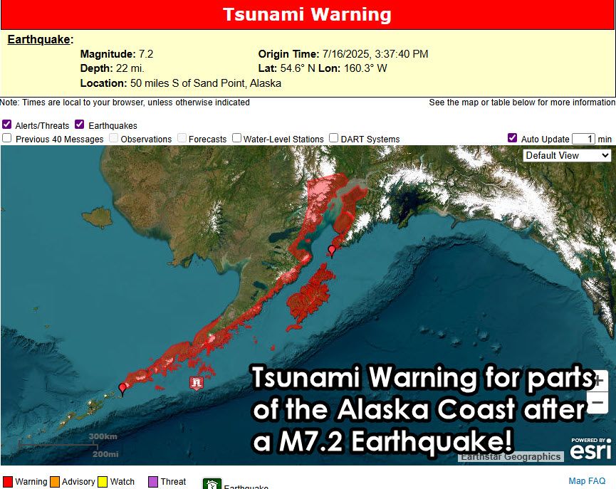 A magnitude 7.2 earthquake struck ~50 miles south of Sand Point, Alaska this afternoon. Tsunami warnings are in effect for portions of the Alaska Peninsula and Aleutian Islands. Coastal residents should follow local emergency alerts.

📱 Track alerts &amp; maps: