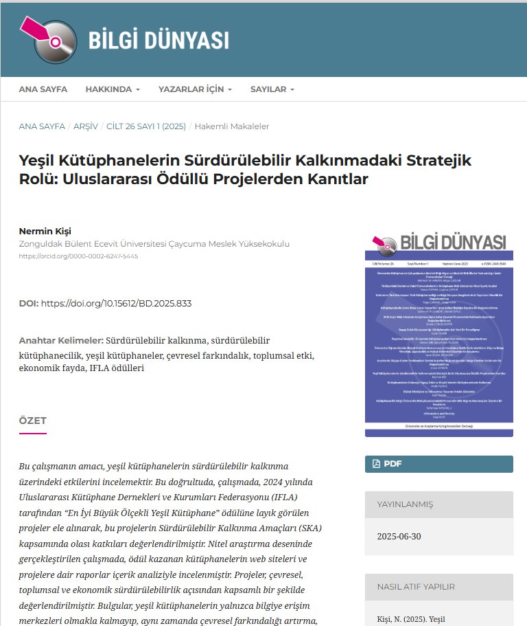 2025 yılı Haziran sayısının son hakemli makalesi 
Bu çalışmada yeşil kütüphanelerin sürdürülebilir kalkınma üzerindeki etkileri incelenerek IFLA'nın  ödülendirdiği projelerin Sürdürülebilir Kalkınma Amaçları  kapsamında olası katkıları değerlendirilmiştir.
bd.org.tr/index.php/bd/a…