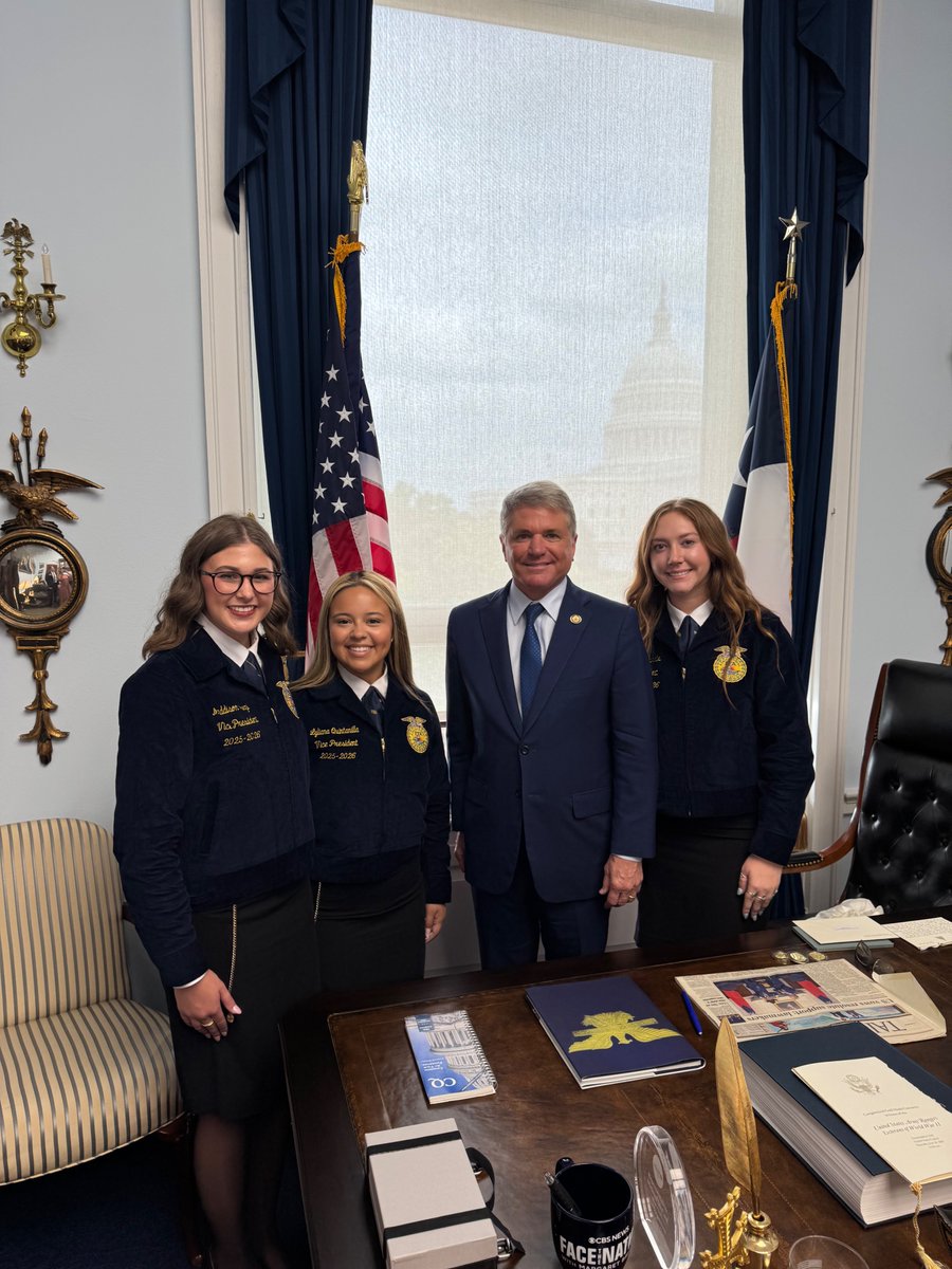 RepMcCaul's tweet image. Had a wonderful time meeting with @NationalFFA members from Texas’ 10th district! As a member of the Congressional FFA Caucus, I always enjoy meeting with the next generation of agricultural leaders to discuss how we can protect American farmers and continue to secure a steady…