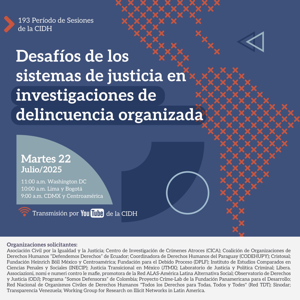 DPLF_info's tweet photo. 🔴 Cuando las redes criminales capturan instituciones, la justicia se debilita y la impunidad se fortalece. Este 22/julio, llevaremos ante la @CIDH nuestras preocupaciones y propuestas para reforzar los sistemas judiciales. 

¡No te lo pierdas en #CIDHAudiencias! https://t.co/etGqKqtsPf