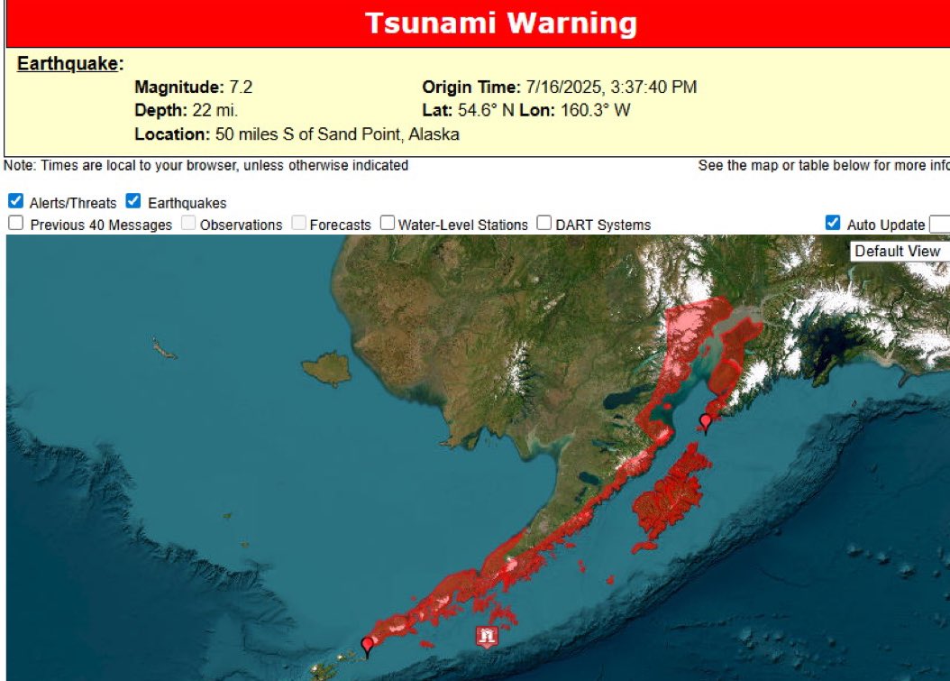 Carte de la zone d'alerte tsunami en Alaska