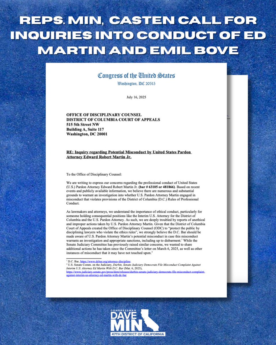 CongressMin's tweet image. No matter how powerful or well connected you are, no one is above the law.
@repseancasten and I sent letters questioning whether US Attorneys Ed Martin and Emil Bove’s consistent violations of the law constitute a breach of professional ethics and warrant disciplinary action, up…