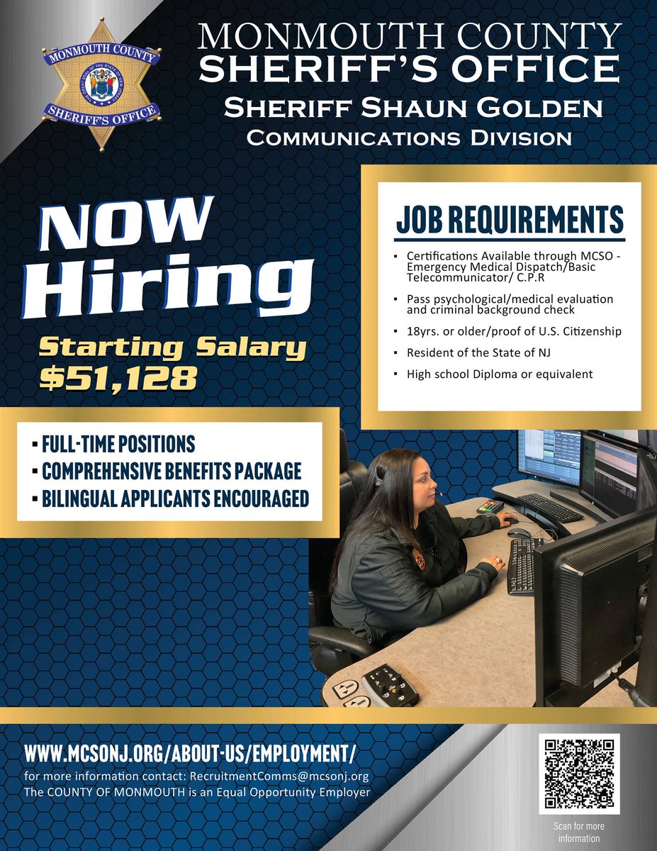 MonmouthSheriff's tweet image. #MCSONJ's Communications Division is hiring. Join our dynamic team & become a Public Safety Telecommunicator. @SheriffGolden welcomes applicants who will work in the fast paced environment of the 911 Comms Center & provide top emergency services. The application opens August 1.