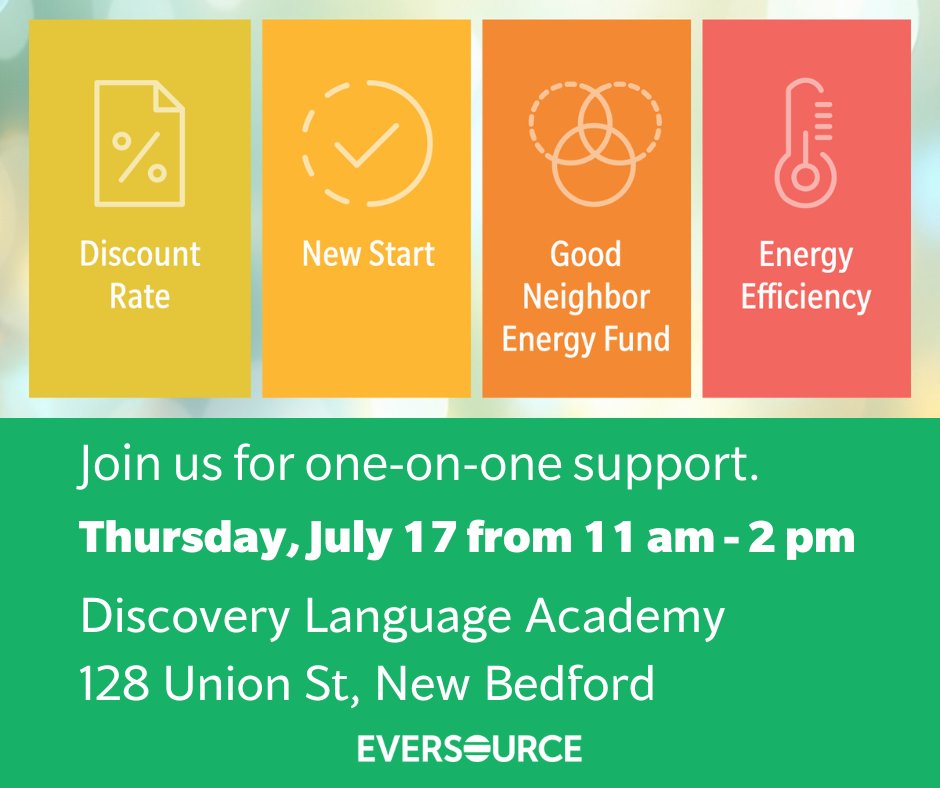 EversourceMA's tweet image. 📍 Next up, New Bedford! Tomorrow, we'll be at the Discovery Learning Academy to connect our customers with flexible payment plans, energy-saving programs and available financial assistance. 👋 Join us for in-person, one-on-one support with managing your energy costs.