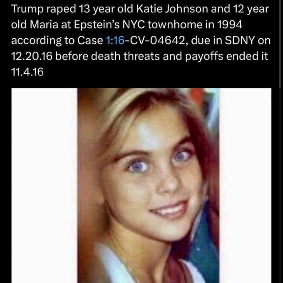 EddieinSanDiego's tweet image. Katie Johnson was raped by @realDonaldTrump .
#MAGA #GOP #Republicans Bondi the FBI, DOJ Epstein are all comfortable with #Trump the Pedophile.
#TrumpPedoFiles
#America has a sexual predator as president
#EpsteinTrumpCoverUp