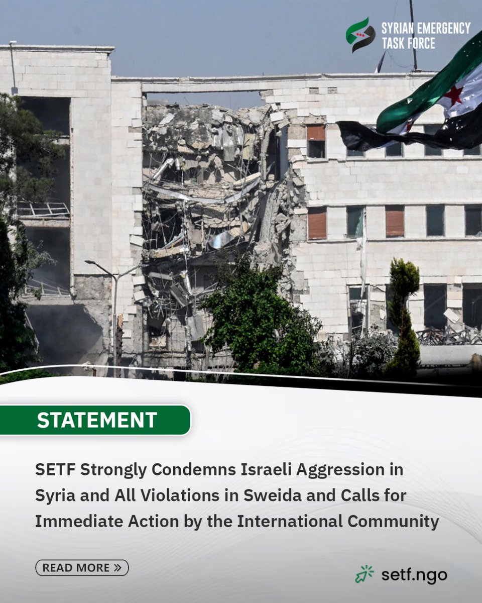 syrianetf's tweet image. The Syrian Emergency Task Force strongly condemns the Israeli airstrikes on Syria and the violence against civilians in Suwayda.
SETF also calls for an end to Israeli aggression and an immediate halt in escalation.
We affirms that protecting civilians, holding those responsible…