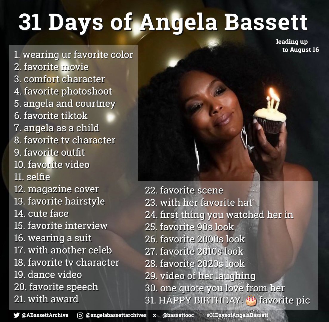 ABassettArchive's tweet image. ONE MONTH UNTIL ANGELA BASSETT'S BIRTHDAY 🥳
To get psyched up, I prepared a little challenge for myself with 31 Days leading up to her birthday and you are invited to participate!
It starts tomorrow but if you start late or skip a day, that's no problem
#31DaysofAngelaBassett
