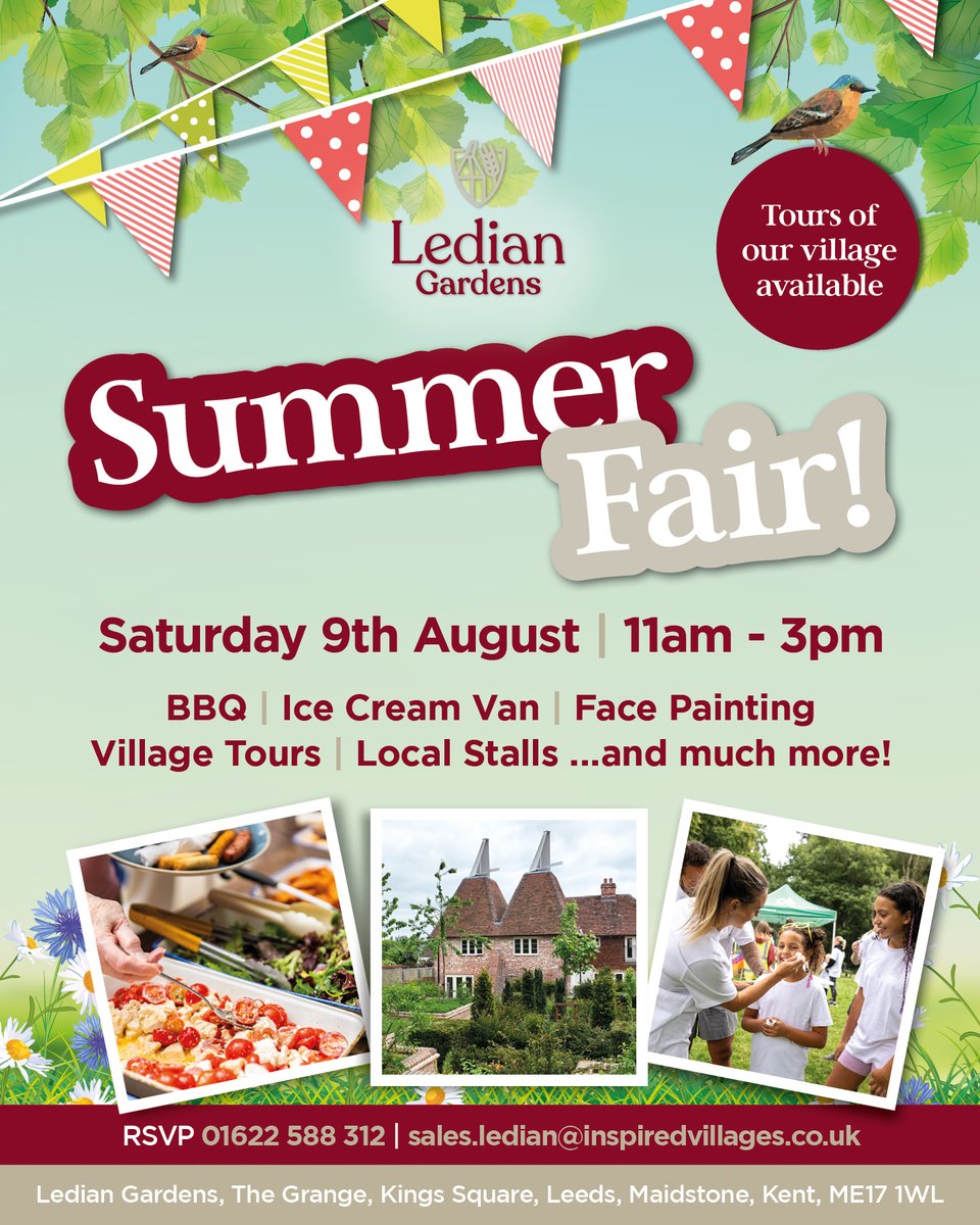 Summer Fair at Ledian Gardens!
📅 Sat 9 Aug | 🕚 11am–3pm
🍔 BBQ | 🍦 Free Ice Cream (2–3pm)
🎨 Face Painting | 🛍️ Local Stalls
🏡 Village Tours &amp; more!

📞 Call 01622 588 312 to book
🔗 bit.ly/4nXazDi

#SummerFair #LedianGardens #KentEvents