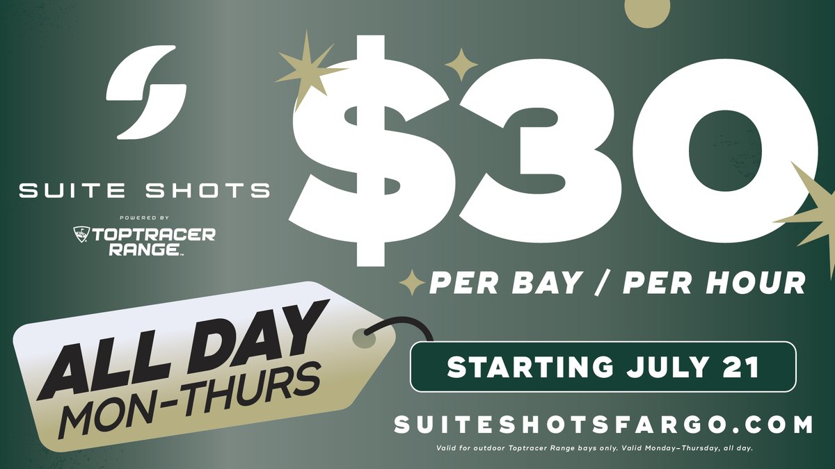 🚨 Limited Time Deal 🚨
Fore-get the weekend crowds ⛳
•
👉 Starting Monday, July 21:
Hit Suite Shots Monday–Thursday &amp; golf outside in our Toptracer Bays for ONLY $30/hour. Same views. More fun. 🙌
#GolfMoreSpendLess #SuiteShots #MeetPlayDine