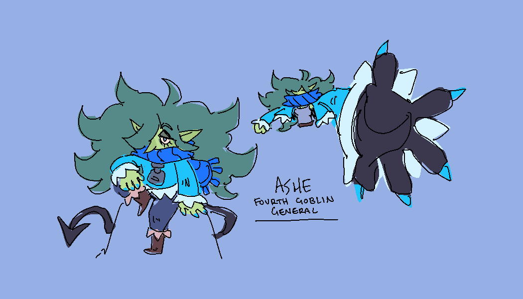 knockoffgoblin's tweet image. Little redesign for Ashe, the fourth goblin general.
She was the one originally tasked to capture the vassal of sparks but is currently missing.