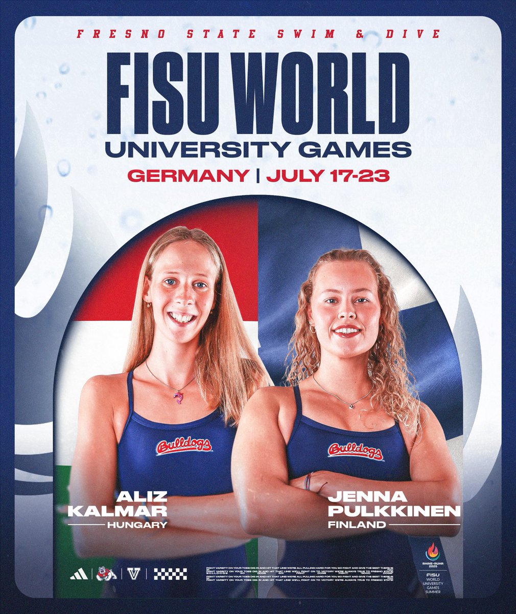 FresnoStateSwim's tweet image. It all starts 𝙩𝙤𝙢𝙤𝙧𝙧𝙤𝙬 🌏
Aliz Kalmar and Jenna Pulkkinen make their return to the pool representing their home countries at the FISU World University Games in Berlin!
