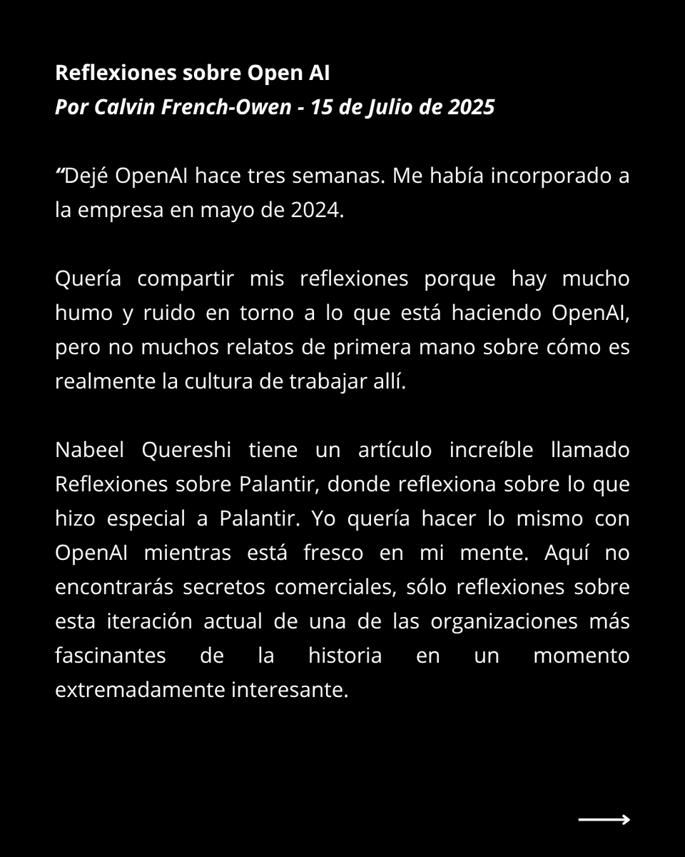 llopatin's tweet photo. Reflexiones sobre Open AI por Calvin French-Owen. https://t.co/AF7gXx1ikE