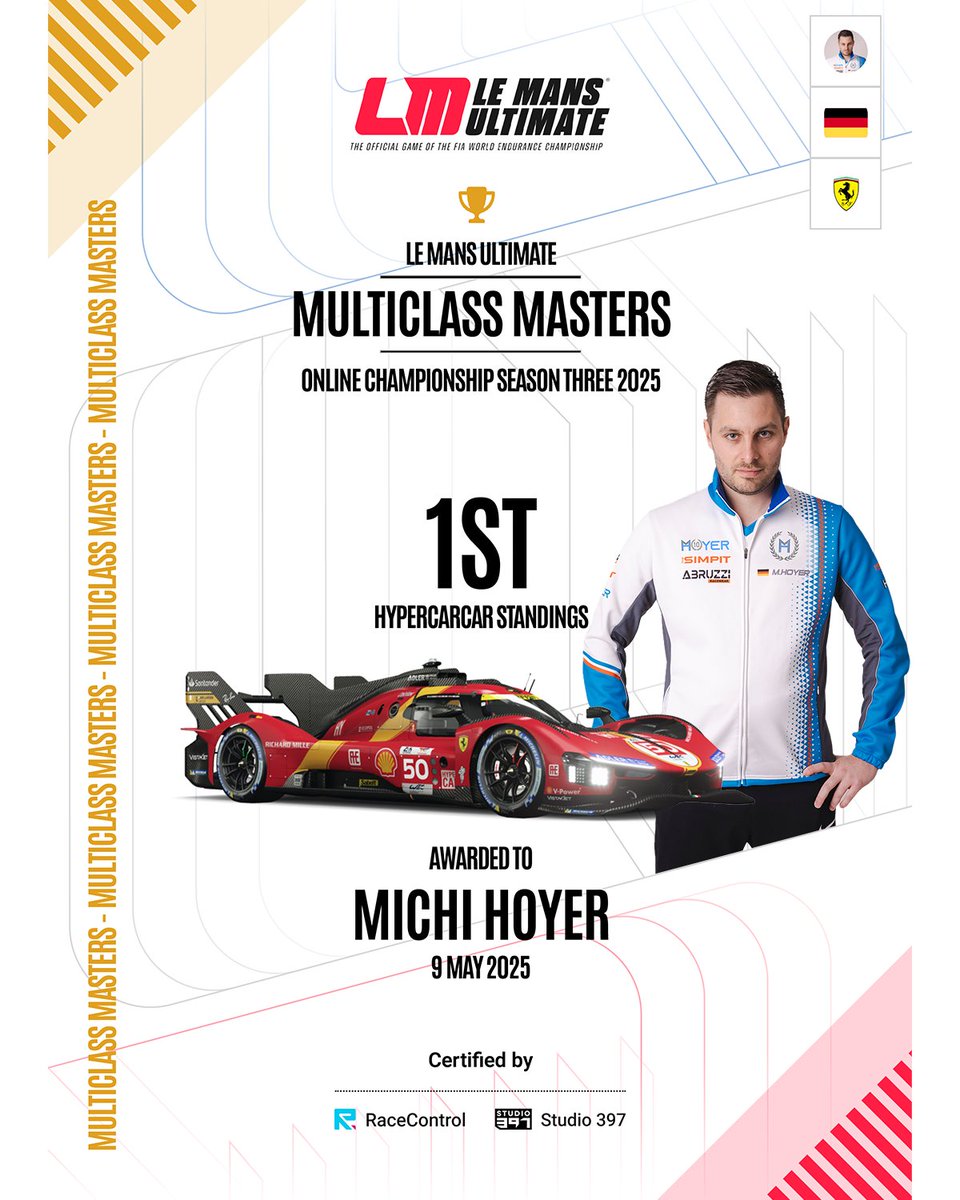 Some while ago, but I might celebrate it anyway: Winner of the Multiclass Masters Season 3 Championship on <a href="/LeMansUltimate/">Le Mans Ultimate</a>  in the Ferrari 499p Hypercar!
After 5 races, 4 Podiums &amp; 1 win it's enough to defend our title from season 2

#simracing #simracer #win #champion ##lmu