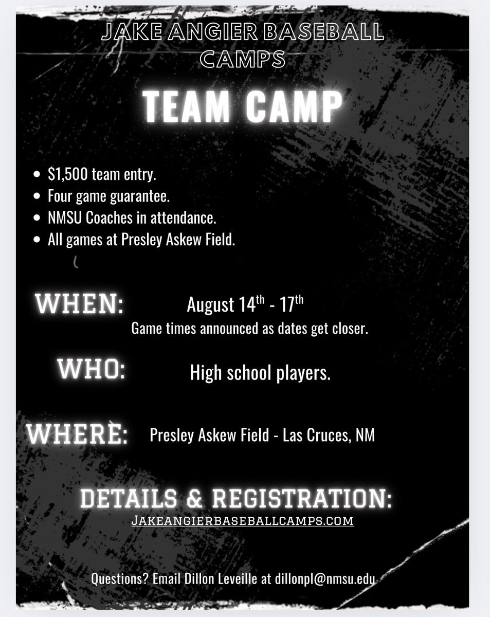 Dillon Leveille (@dillon_leveille) on Twitter photo ๐ค โพ๏ธโบ๏ธTeam Camp Aug. 14th-17th
We have a couple of spots available for teams.
Reach out to me at: dillonpl@nmsu.edu for any questions!
Few details below ๐ ๐ค โพ๏ธโบ๏ธTeam Camp Aug. 14th-17th
We have a couple of spots available for teams.
Reach out to me at: dillonpl@nmsu.edu for any questions!
Few details below ๐