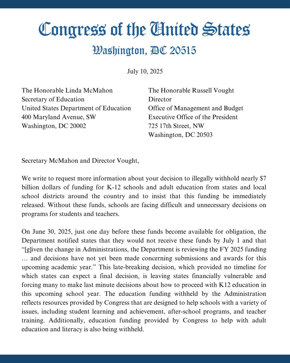 RepGolden's tweet image. Kids deserve a quality education no matter where they live, which is why I’m fighting to unfreeze nearly $7 billion in school funding across the country.
Read the letter I signed with more than 140 of my colleagues explaining why these resources are so critical.