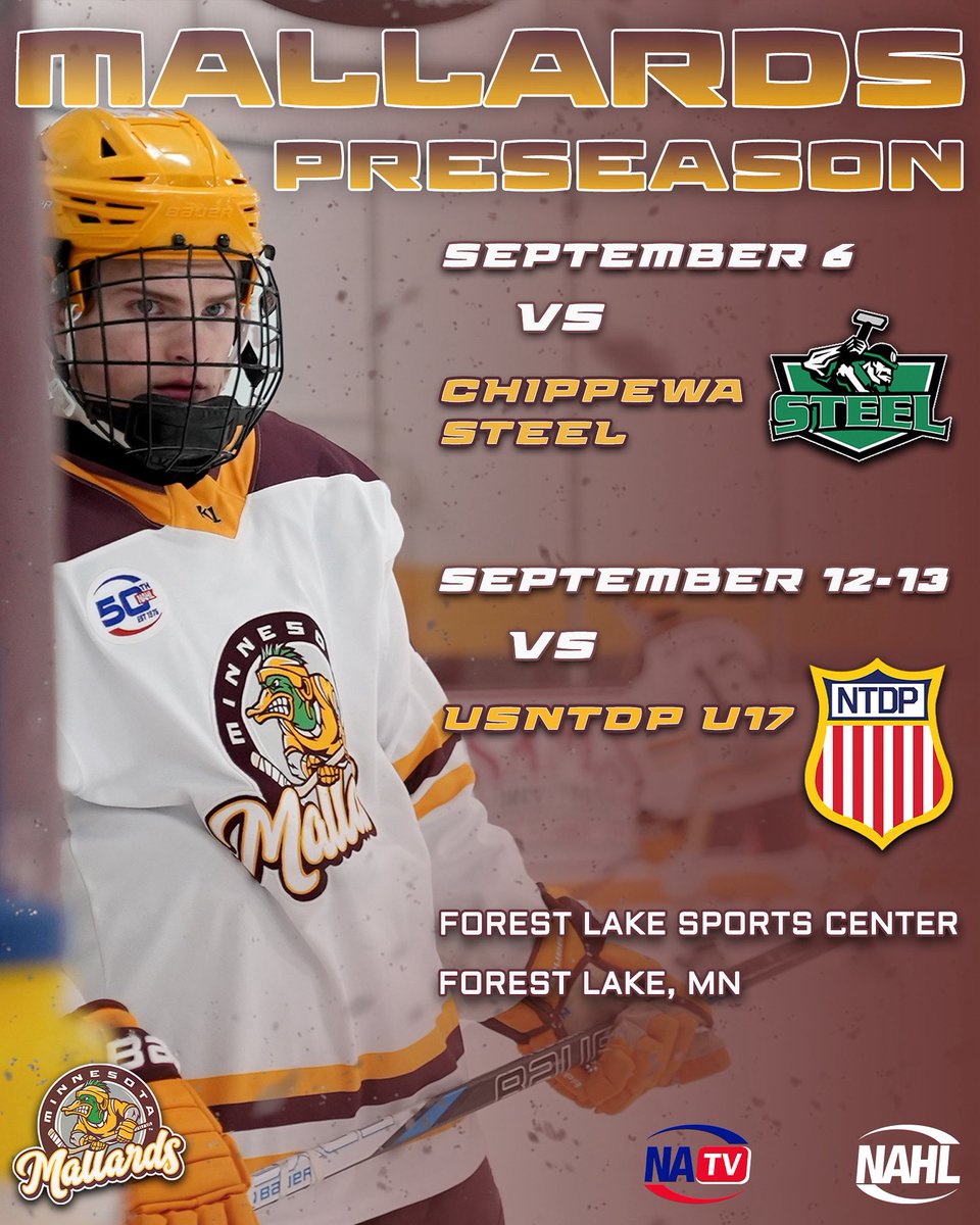 Preseason action is coming to Forest Lake! The Mallards battle the Chippewa Steel on Sept. 6, then host the USNTDP U17 squad Sept. 12–13.

🎟 Don’t miss your first look at the 2025 squad
📍 Forest Lake Sports Center
#FearTheFlock #MallardsHockey #NAHLPreseason