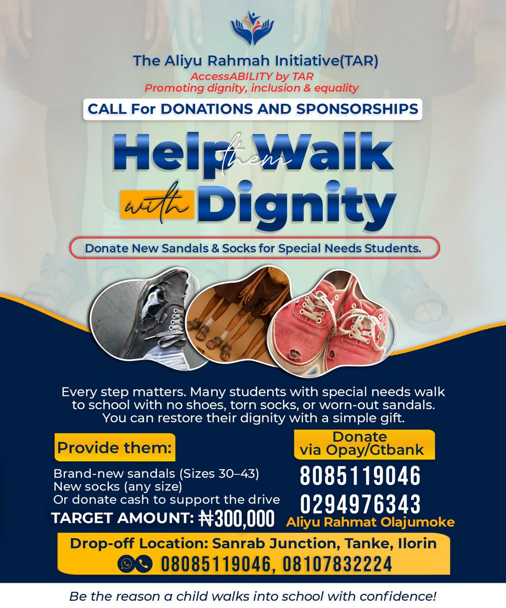 profUNILORIN's tweet image. This is the leg of a student
No shows,no socks , but with a dream
A dream of going to school,no matter the situation.
Let's stop this leg from hurting and scaring.
Donate a pair of socks or shoes now to prove that Education doesn't end with your disability or Inadequacy.