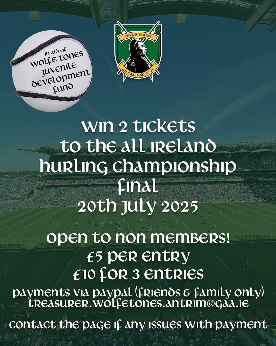 Draw for All Ireland hurling final tickets Thursday 17th July

Entries close midnight tonight Wednesday 16th July

Open to Non Members
