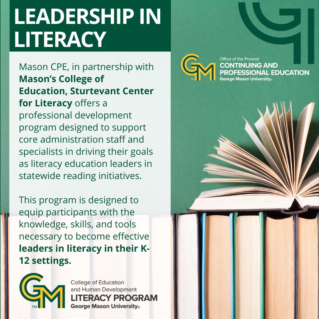 Enhance districtwide leadership in literacy education with our Leadership in Literacy professional development program. This program is delivered by Mason’s College of Education, Sturtevant Center for Literacy &amp; is available for contracts for the 2025-2026 school year!