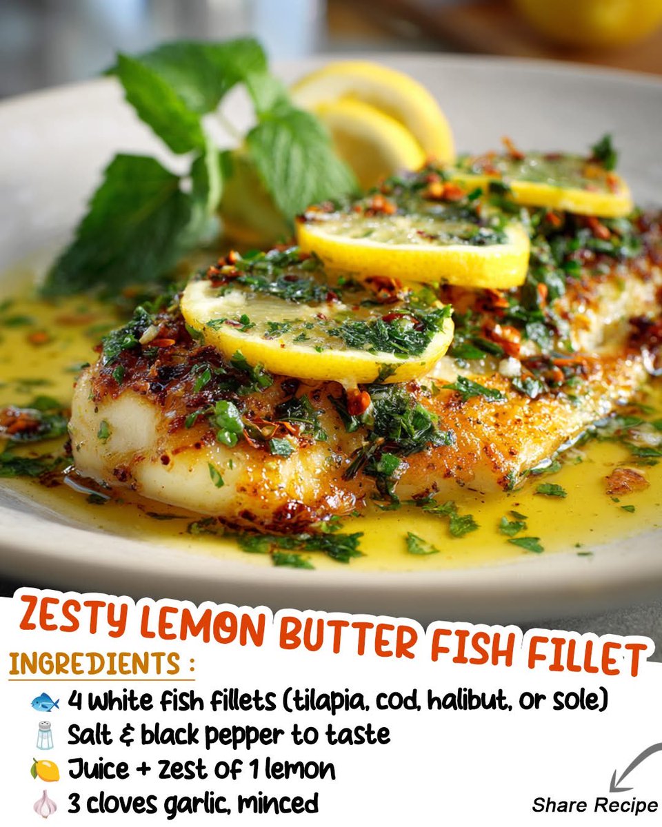 Ron wright (@ronsterd89) on Twitter photo ๐ ZESTY LEMON BUTTER FISH FILLET ๐๐๐ง ๐
Ingredients:
๐ 4 white fish fillets (tilapia, cod, halibut, or sole)
๐ง Salt & black pepper to taste
๐ Juice + zest of 1 lemon
๐ง 3 cloves garlic, minced
๐ง 3 tbsp butter
๐ 1 tbsp olive oil
๐ฟ Optional: chopped fresh parsley
๐ฝ ๐ ZESTY LEMON BUTTER FISH FILLET ๐๐๐ง ๐
Ingredients:
๐ 4 white fish fillets (tilapia, cod, halibut, or sole)
๐ง Salt & black pepper to taste
๐ Juice + zest of 1 lemon
๐ง 3 cloves garlic, minced
๐ง 3 tbsp butter
๐ 1 tbsp olive oil
๐ฟ Optional: chopped fresh parsley
๐ฝ
