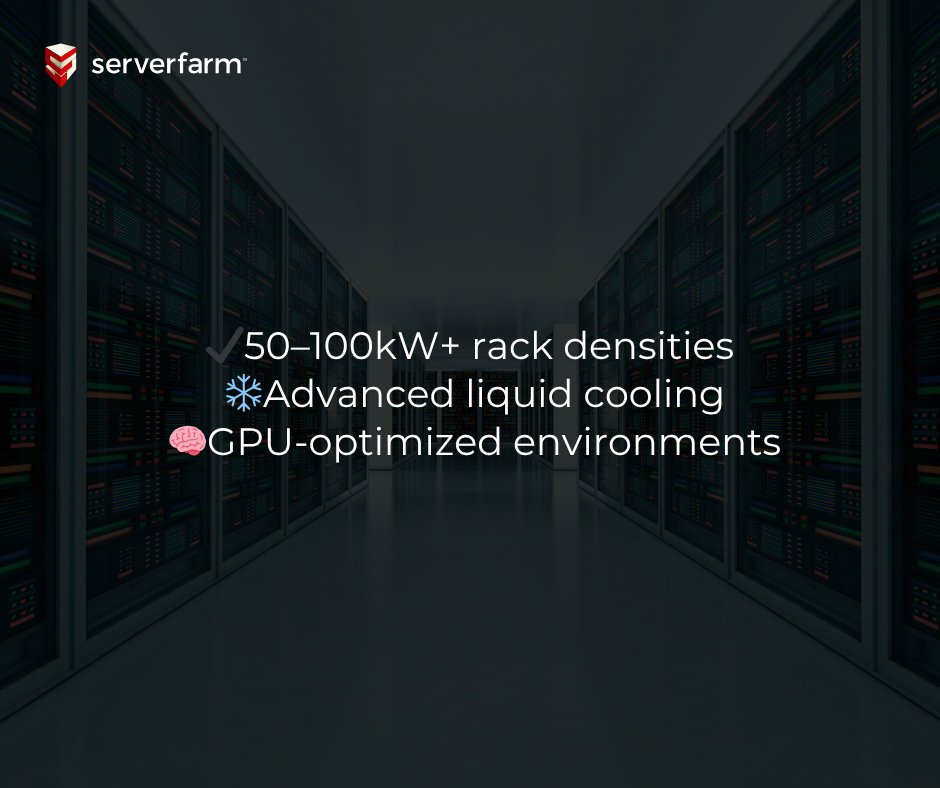 AI isn’t coming—it’s here.

Serverfarm’s data centers are built for it:
 ✔️ 100kW+ rack density
 ❄️ Liquid cooling
 🧠 GPU-optimized design

Learn more. 
 🔗 bit.ly/45X1xzo 

#Serverfarm #AIInfrastructure #HighDensityIT #LiquidCooling
