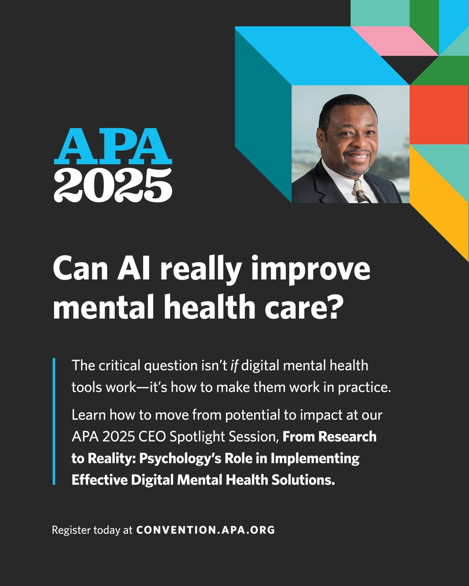 APA's tweet image. At this dynamic #APA2025 discussion between APA CEO Dr. Arthur C. Evans, Jr. and leading AI experts, we’ll move beyond buzzwords and dive into real-world application.
Learn more and register for APA 2025: at.apa.org/xdr