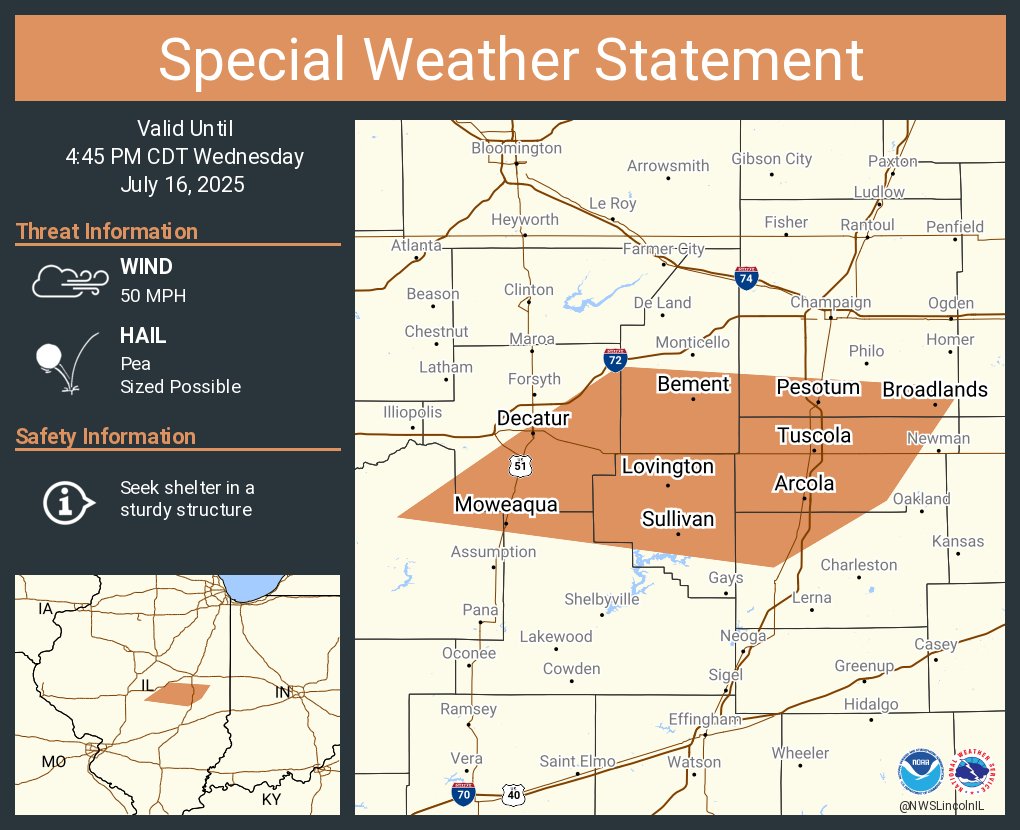 A special weather statement has been issued for Decatur IL, Mount Zion IL and  Tuscola IL until 4:45 PM CDT