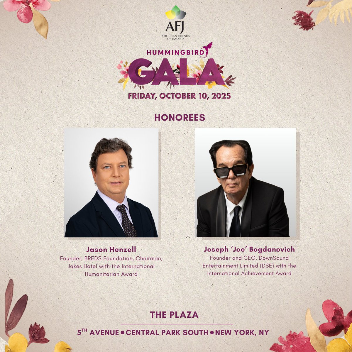 We are proud to honor Jason Henzell and Joe Bogdanovich at this year’s AFJ Hummingbird Gala in New York for their outstanding contributions to Jamaica. 

Read the full press release to learn more about their impact: mailchi.mp/theafj/afj-hon…
