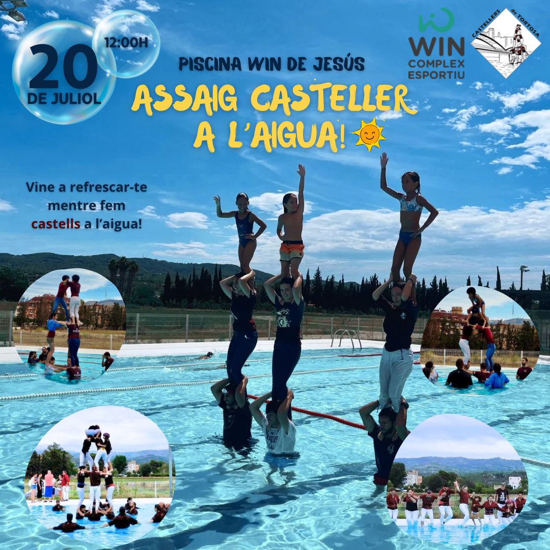 Aquest diumenge a les 12:00h ens trobem a la piscina WIN de Jesús per fer un assaig ben fresquet! Serà un bon moment per seguir treballant castells i combatre la calor en bona companyia!