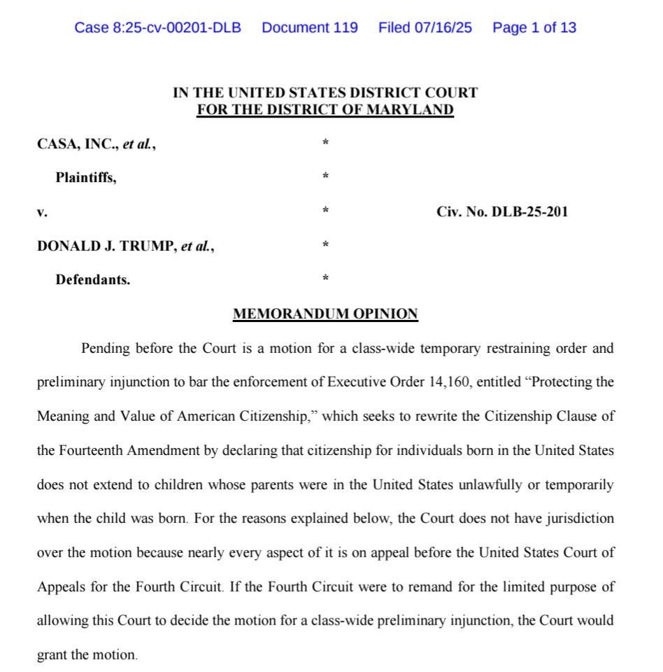 ZoeTillman's tweet image. Latest post-SCOTUS action in the birthright citizenship legal fights: MD federal judge handling one of the original cases (CASA) says she'd grant a new, class-wide injunction if/when the 4th Circuit kicks the case back down
assets.bwbx.io/documents/user…