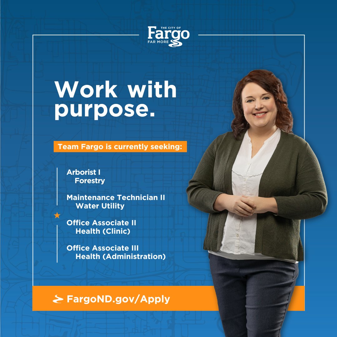 thecityoffargo's tweet image. Do you desire a career where you can work with purpose and directly impact our community?
Ready to be #FarMore ? Explore current open positions at FargoND.gov/Apply
#WorkWithUsWednesday