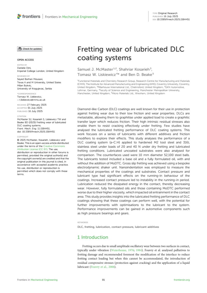 Very excited to share our latest publication on the lubricated fretting performance of DLC coatings. Now available in Frontiers in Mechanical Engineering: lnkd.in/ePUhgaGu

#newpaper #research #article #DLC #fretting #lubricants #surfaceengineering #openaccess