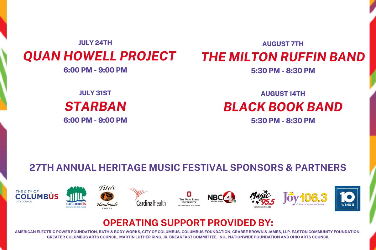 The 27th Annual Heritage Music Festival convert scheduled for tomorrow July 17th featuring the Black Book Band has been postponed to August 14th.  

We are anticipating storms in the area tomorrow between 4 PM - 8 PM and we want everyone to be safe.