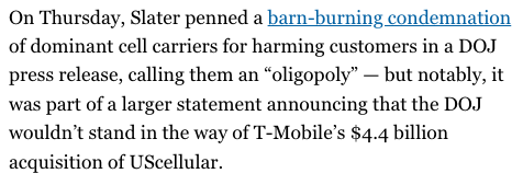 nancyscola's tweet image. This was, as @aarontmak notes, notable: in Assistant AG for Antitrust Gail Slater's 930ish-word statement about letting the T-Mobile/UScellular deal go through, about 900 of them were on the horrors of consolidation in the wireless industry.
politico.com/newsletters/di…