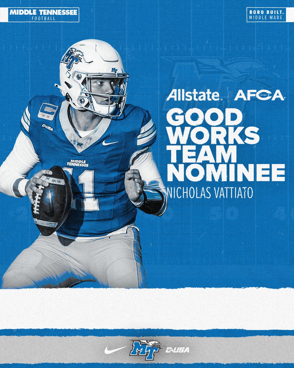 QB <a href="/nwv_11/">Nick Vattiato</a> has been named to the <a href="/WeAreAFCA/">AFCA</a> Good Works Team for the second consecutive season.

📰 goblueraiders.co/44QSZrU

#BoroBuiltMiddleMade