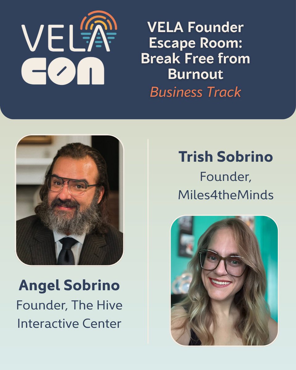 VELAorg's tweet image. ✨ VELA Con programming showcase | Business track: “VELA Founder Escape Room: Break Free from Burnout” featuring Angel Sobrino and Trish Sobrino.
---
Running an innovative education program is no small feat—and sometimes, it can feel like a puzzle with no solution. Step into…